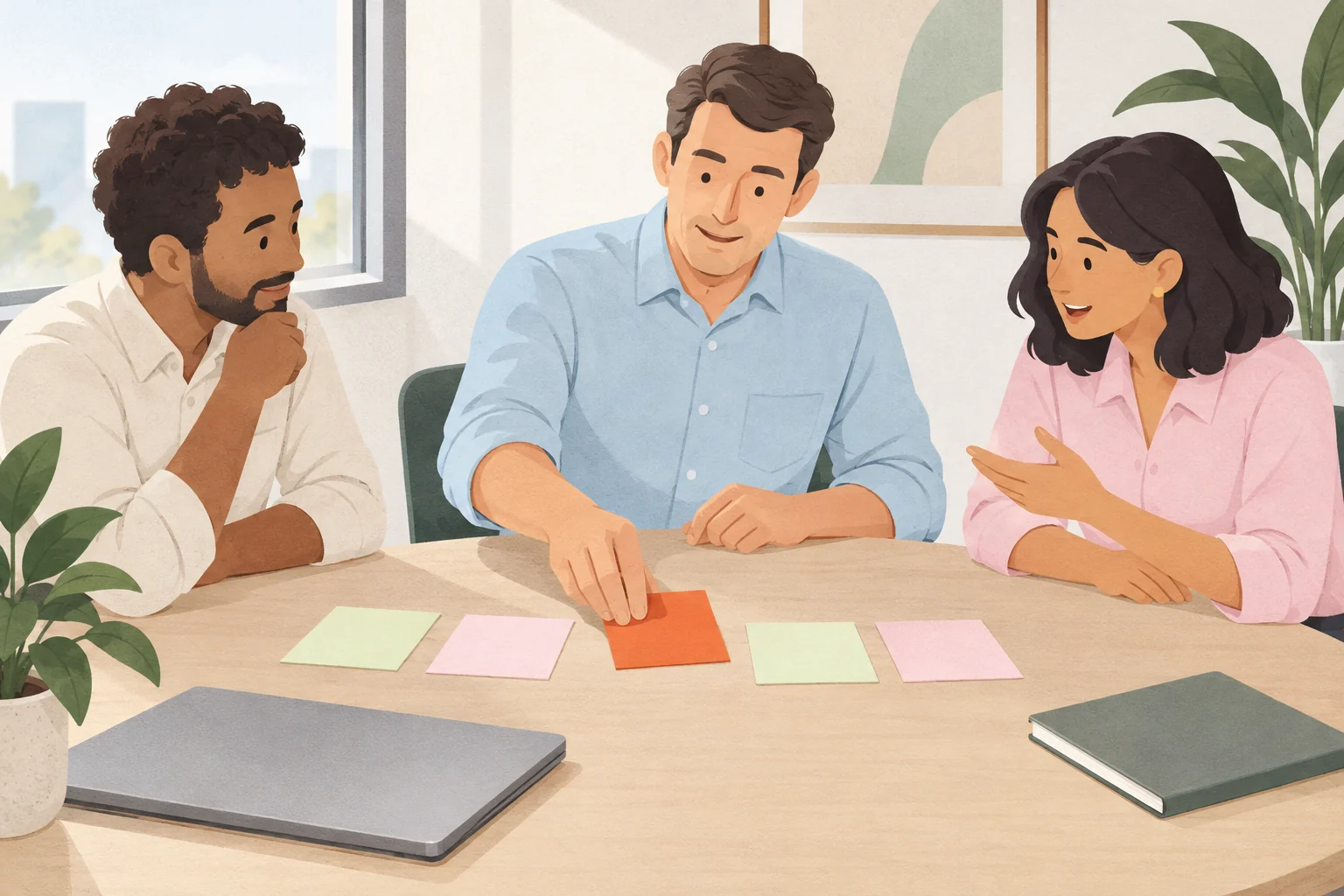 Three colleagues discuss an onboarding workflow using blank cards at an office meeting table