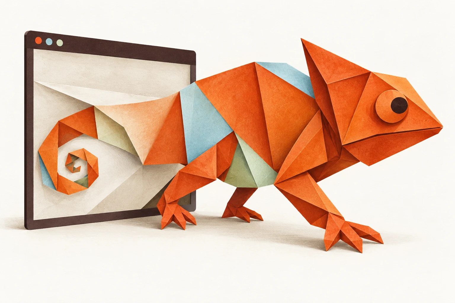 An orange origami chameleon unfolding from a rigid application window